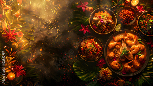Glossy Thai Food Paradise: Luxurious Spread of Thai Cuisine in Photo Realistic Abstract Digital Art Rich Flavors and Presentation | Adobe Stock Concept