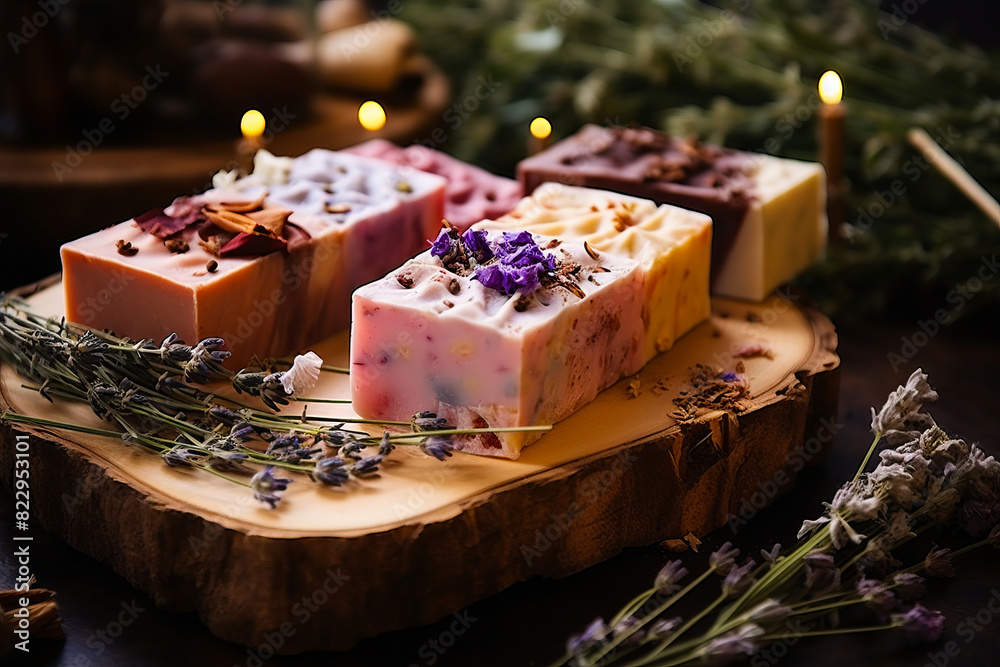 Wooden tray with soaps and candles on it and lavenders.
