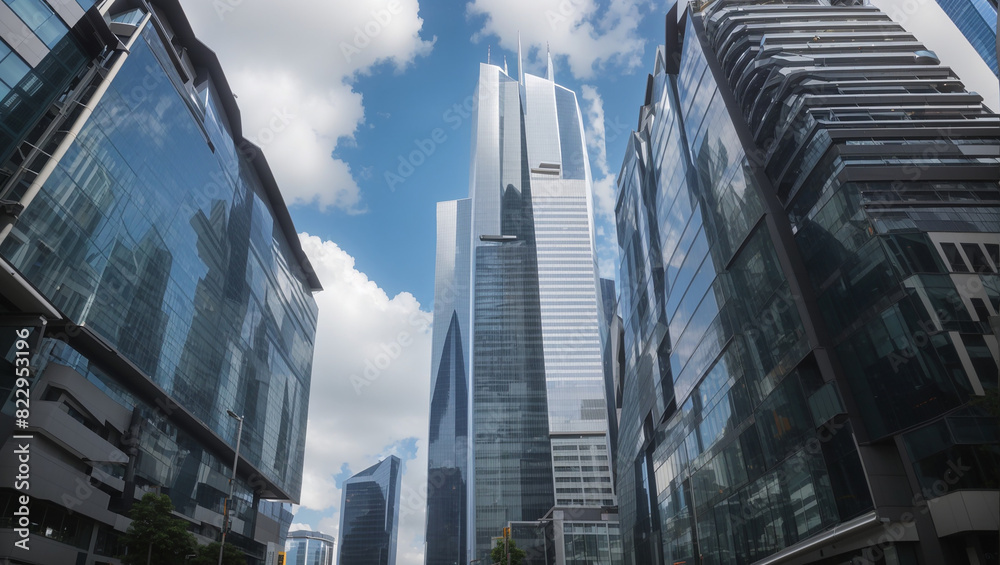 This is an image of a group of skyscrapers made of reflective glass, with a blue sky and white clouds in the background.

