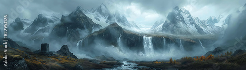 Majestic misty mountains with cascading waterfalls and ancient ruins, creating a serene and mystical landscape in a dramatic panoramic view. photo