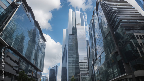 This is an image of a group of skyscrapers made of reflective glass  with a blue sky and white clouds in the background.  