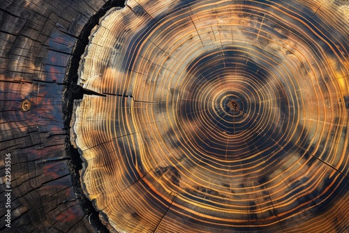 Wood stump background. Round felled tree with annual rings as wood texture - generative ai