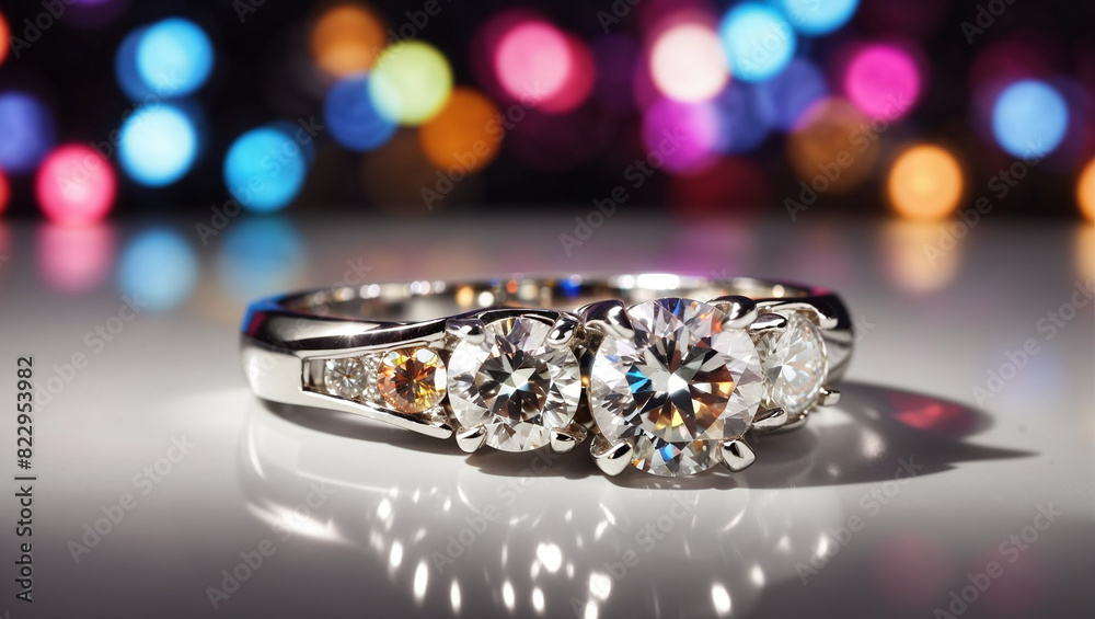 A diamond ring with two large diamonds and six smaller diamonds on the band. A diamond ring with two large diamonds and six smaller diamonds on the band.
