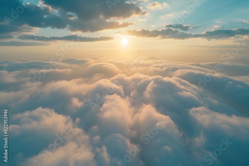 Aerial View of Sky with Clouds and Sun Rays #822953946