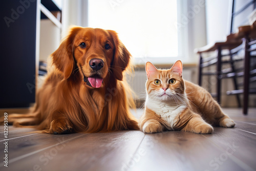 Dog and cat laying on the floor together,. photo