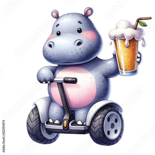 hippo holding a beer glass stands on a Segway