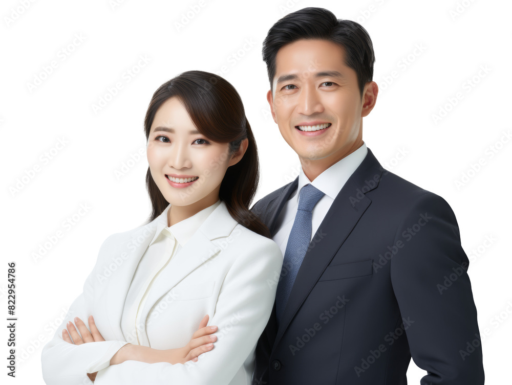 partnership in business. Young man and woman asian businessman in suit isolated on transparent background partnership in business. Young man and woman asian businessman in suit isolated on transparent background