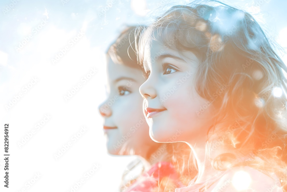 Double exposure portrait of a curly-haired girl with natural elements and dreamy lighting Double exposure portrait of a curly-haired girl with natural elements and dreamy lighting