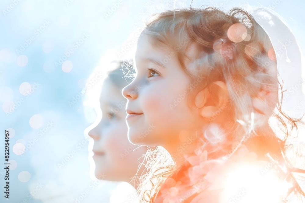 Double exposure portrait of a curly-haired girl with natural elements and dreamy lighting Double exposure portrait of a curly-haired girl with natural elements and dreamy lighting