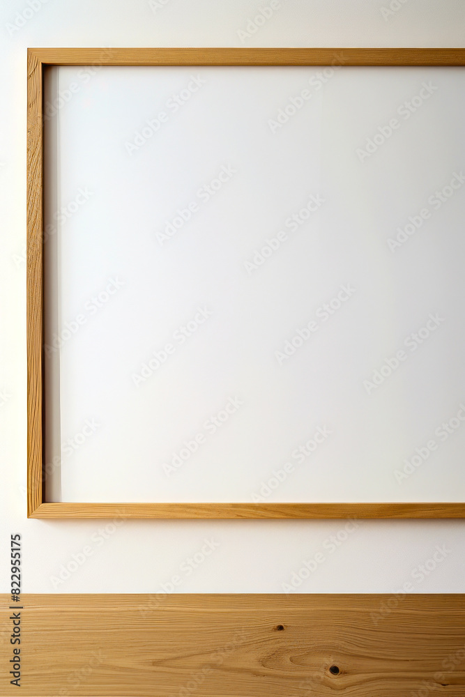 White wall with wooden frame hanging on it's wall. White wall with wooden frame hanging on it's wall.