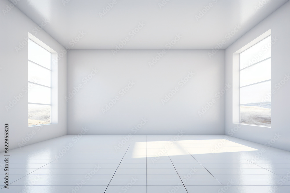 Room with white floor and two windows with white wall. Room with white floor and two windows with white wall.