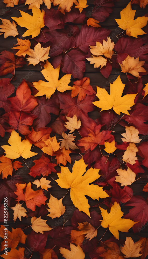 A collection of colorful autumn leaves in shades of yellow, red, and orange scattered on a dark wooden surface. A collection of colorful autumn leaves in shades of yellow, red, and orange scattered on a dark wooden surface.