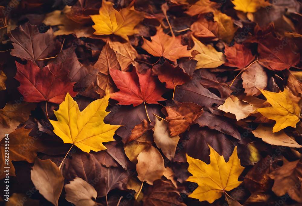Fototapeta premium A close-up view of colorful autumn leaves scattered on the ground, featuring shades of yellow, orange, red, and brown.