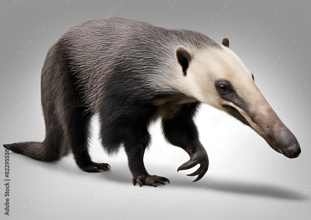 A Giant Anteater (Myrmecophaga tridactyla) isolated on a white background with a clipping path included. The zoo animal, characterized by its long tail and elongated nose, is walking while facing side A Giant Anteater (Myrmecophaga tridactyla) isolated on a white background with a clipping path included. The zoo animal, characterized by its long tail and elongated nose, is walking while facing side