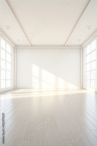 White room with large window and wooden floor.