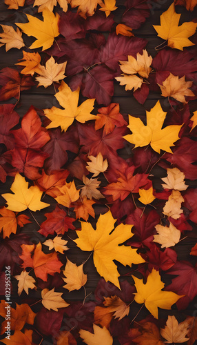 A collection of colorful autumn leaves in shades of yellow, red, and orange scattered on a dark wooden surface. © Tetlak