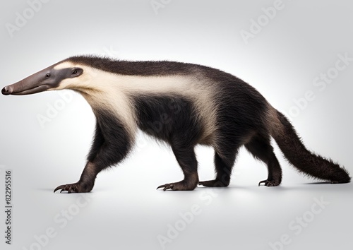 A Giant Anteater (Myrmecophaga tridactyla) isolated on a white background with a clipping path included. The zoo animal, characterized by its long tail and elongated nose, is walking while facing side photo