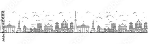 Seamless pattern with outline Berlin Germany City Skyline. Historical Buildings Isolated on White. Berlin Cityscape with Landmarks.