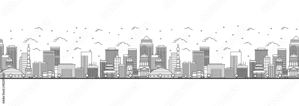 Fototapeta premium Seamless pattern with outline Des Moines Iowa City Skyline. Modern Buildings Isolated on White. Des Moines USA Cityscape with Landmarks.