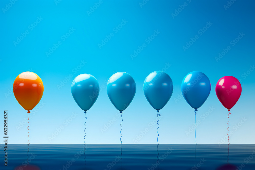 Row of balloons floating in the air over body of water. Row of balloons floating in the air over body of water.
