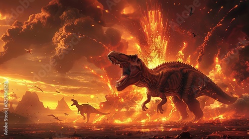 Fototapeta Naklejka Na Ścianę i Meble -  A volcanic eruption in the Mesozoic era, with dinosaurs fleeing from the lava,