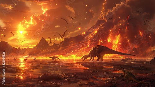 Fototapeta Naklejka Na Ścianę i Meble -  A volcanic eruption in the Mesozoic era, with dinosaurs fleeing from the lava,