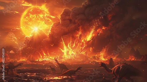 A volcanic eruption in the Mesozoic era, with dinosaurs fleeing from the lava,