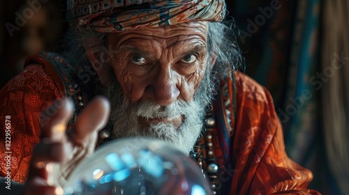 A wise oracle gazing into a crystal ball, foretelling the future, photo