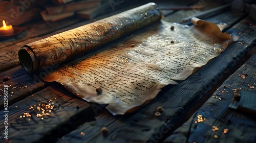 An ancient scroll with cryptic prophecies written in faded ink, photo