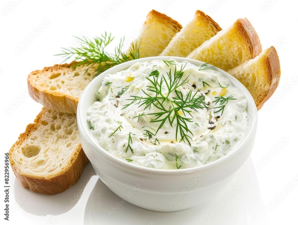 Tzatziki  A flavorful dip for vegetables and bread, without branding, isolated on white background.