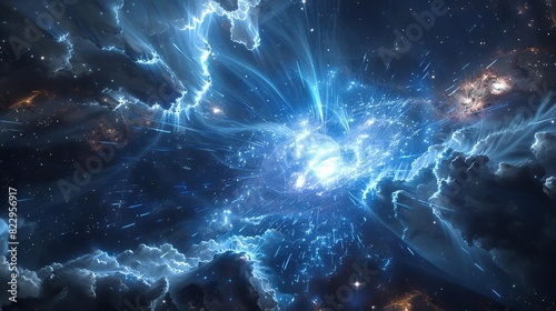 An artists rendition of cosmic rays originating from a distant supernova, photo
