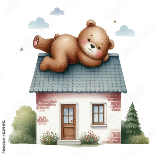 Bear sleeping on the roof of the house