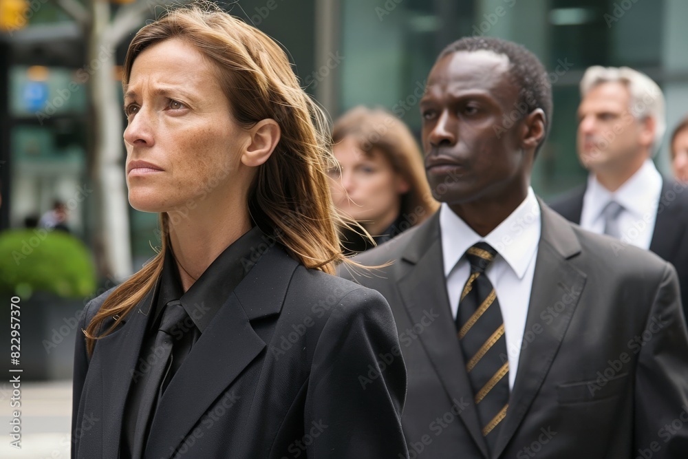 Serious businesswoman standing in front of group of people on street Serious businesswoman standing in front of group of people on street