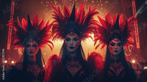 A group of three women wearing elaborate red feathered headdresses and gothic makeup perform on stage under a shower of sparks.