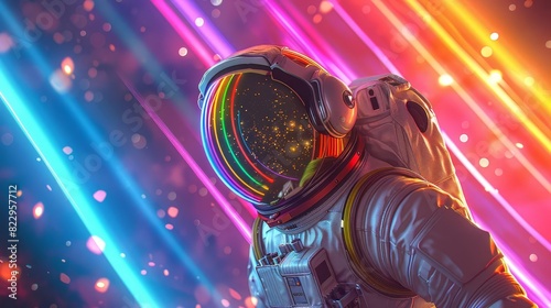 astronaut in space with colorful neon lights and rainbow stripes background