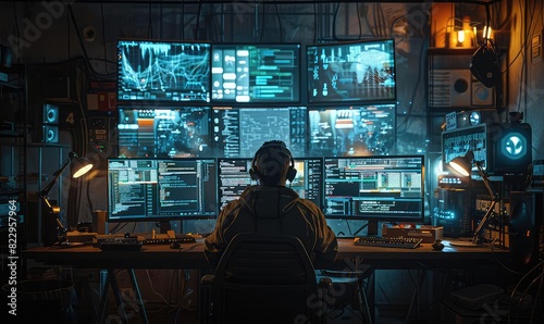 Hacker in a dark room, multiple screens with code, cybersecurity threat, dramatic lighting, photorealistic, vibrant colors