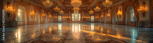 Elegant palace hall with stunning chandeliers and decorative elements, beautifully capturing golden hour light through grand windows. photo