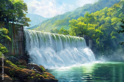 Hydroelectric dam  flowing water  renewable energy source  lush green surroundings  vibrant colors  photorealistic