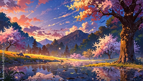 big tree sakura landscape view with mountain  sky  clouds  lake