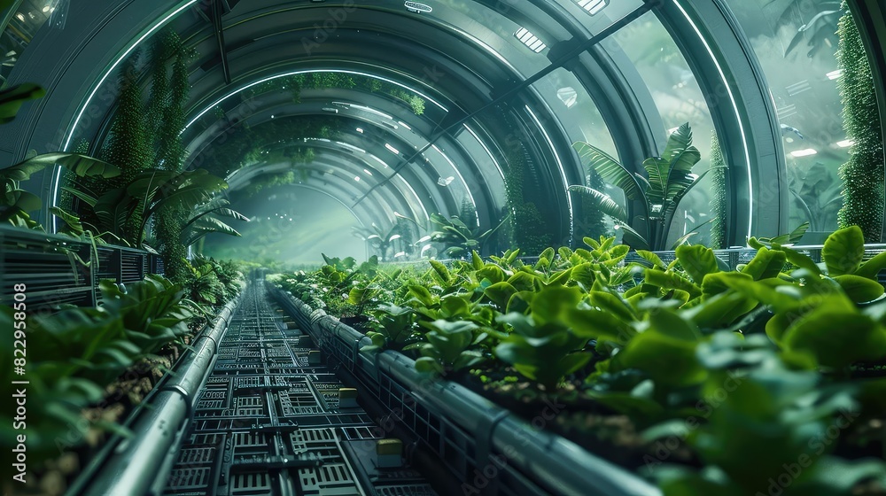 Hydroponic farm, futuristic greenhouse, advanced technology, lush green plants, vibrant lighting, modern design, high resolution Hydroponic farm, futuristic greenhouse, advanced technology, lush green plants, vibrant lighting, modern design, high resolution