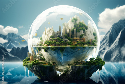 Large glass ball with city inside of it on mountain.