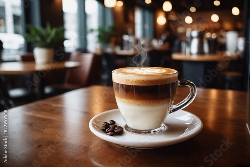Freshly brewed coffee with latte art in a cozy cafe  selective focus  blurred background with copy space.