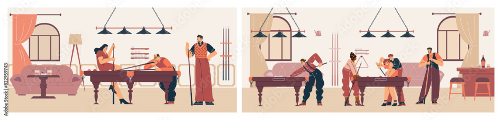 Vector illustration set of a lively billiards room, featuring players, pool table, cue, and sport bar ambiance Vector illustration set of a lively billiards room, featuring players, pool table, cue, and sport bar ambiance