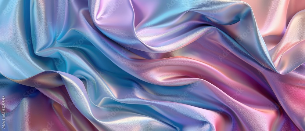 3d render abstract fashion background with azure, nickel, mauve wavy ribbons folded cloth macro