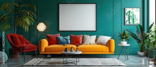 A contemporary and stylish living room with a teal wall, a colorful sofa, a modern chair, and an empty poster frame