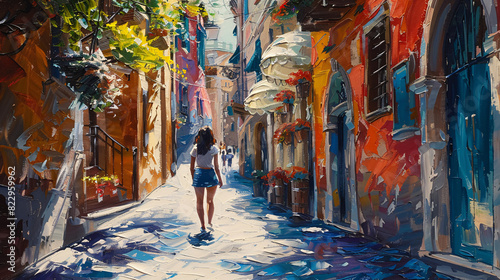 Artistic oil painting of a woman sightseeing in a historic city, capturing the essence of the location with vivid colors photo
