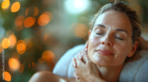 Woman relaxing with her eyes closed, enjoying a serene moment in a tranquil, ambient setting with warm, soft lighting and bokeh background. photo
