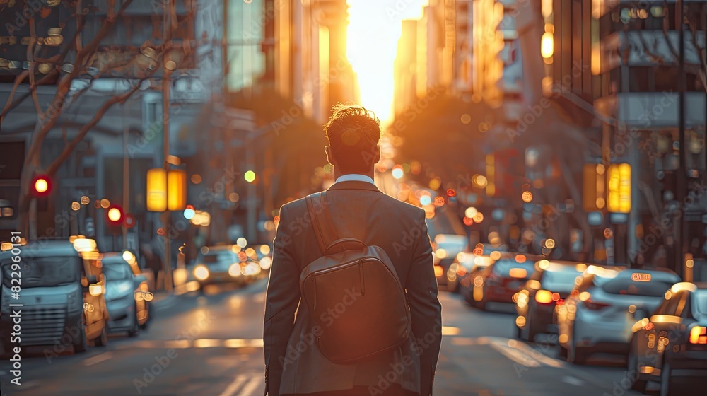 A businessman walking briskly on a busy city street during the morning commute A businessman walking briskly on a busy city street during the morning commute