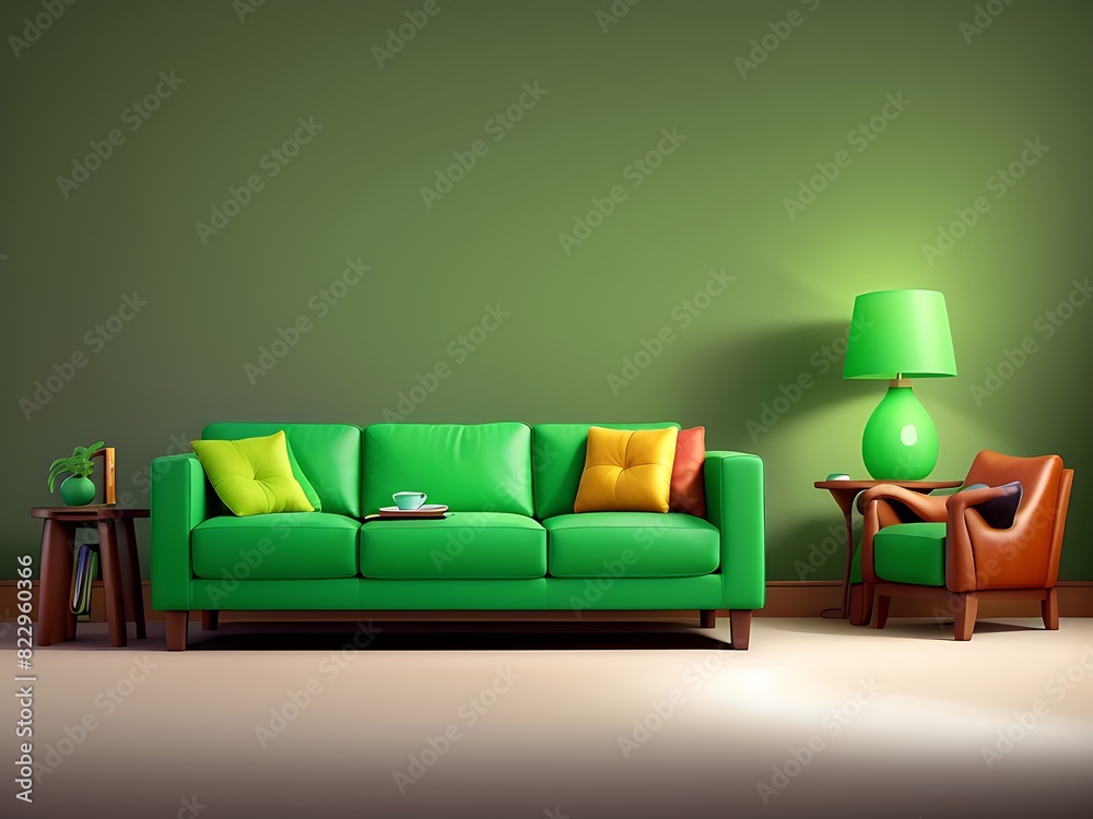 Light room with sofa and armchair on empty dark green wall background. Light room with sofa and armchair on empty dark green wall background.