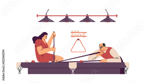 Billiards game competition vector flat illustration, man and woman players near the pool table with cue aiming at ball